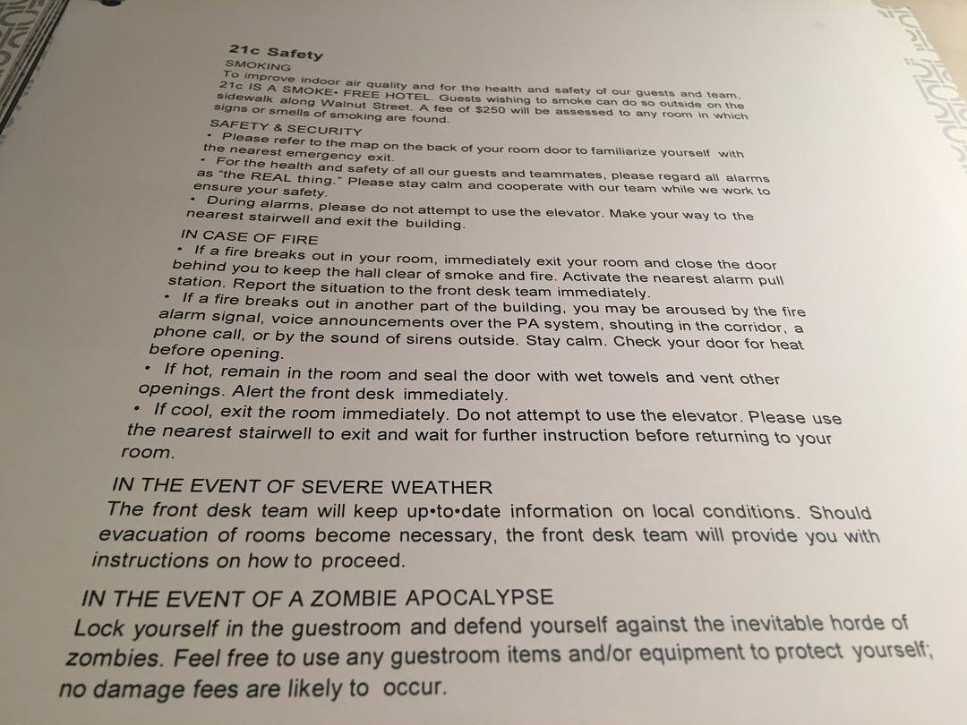 31 Oktober: Please see bottom of the page. @21chotels is already my favorite!! #bentonville #21c #zombieapocalypsesafety
