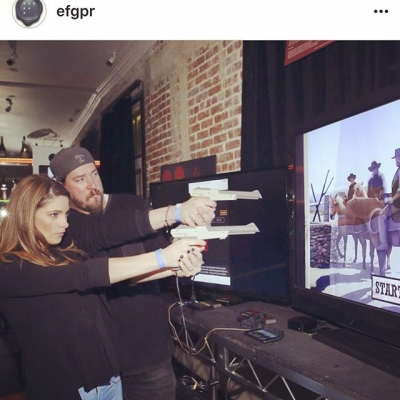 12 Mei:Me and @tannerbeard at the #6bulletstohell video game release party. Clearly prepping for my next season @roguetv playing Mia. #roguetv
